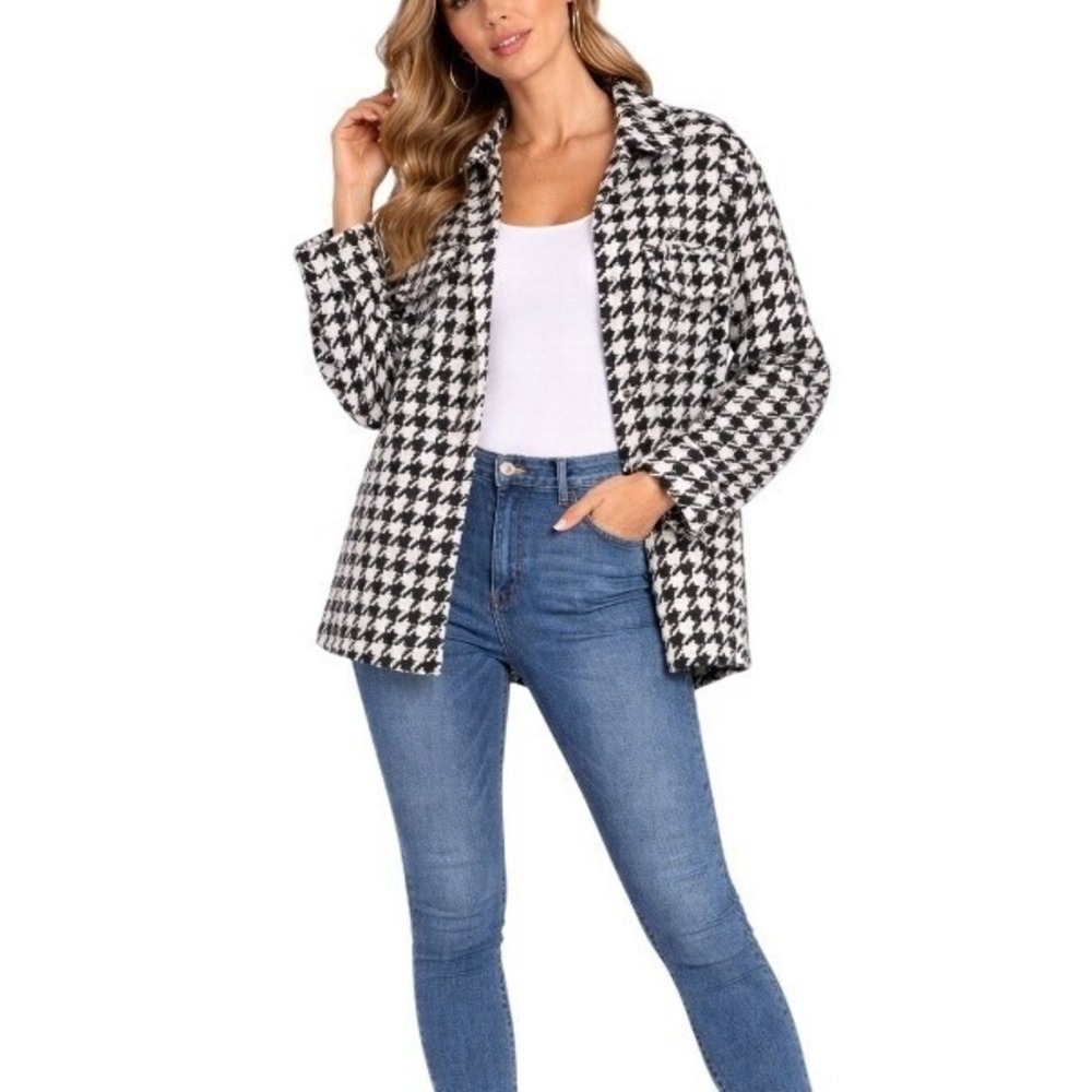 Omonsim Black White Houndstooth Shacket Shirt Jacket S